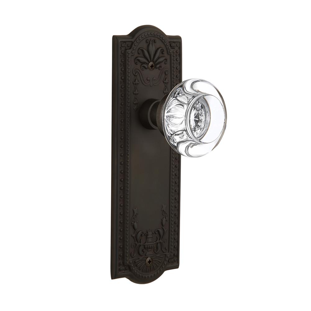 Nostalgic Warehouse MEARCC Passage Knob Meadows Plate with Round Clear Crystal Knob without Keyhole in Oil Rubbed Bronze